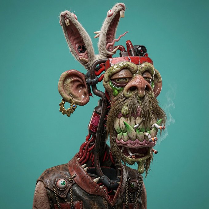 A grotesque, surreal digital art portrait of a humanoid character with rabbit-like ears, exposed teeth, multiple eyes, tubes, and patches of moss and hair against a teal background.