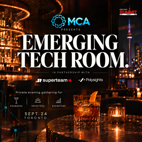 An event flyer for 'EMERGING TECH ROOM' presented by MCA in partnership with Superteam and Polysights, scheduled for SEPT 24 in TORONTO, set against a background of cocktails and a city skyline.