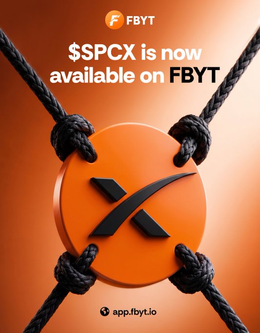 An orange promotional graphic for FBYT announcing '$SPCX is now available on FBYT', featuring the SPCX logo wrapped in black ropes with the URL app.fbyt.io.