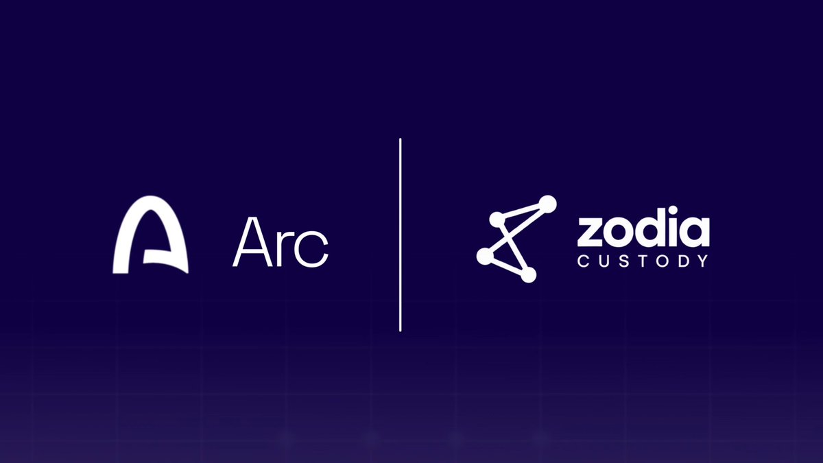 A dark purple background displays the white logos of 'Arc' and 'Zodia Custody' side by side, separated by a vertical line.
