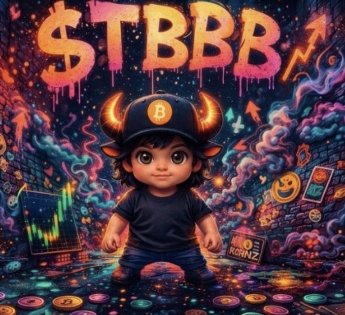 Colorful digital illustration of a stylized cartoon character wearing a Bitcoin-branded horned helmet, surrounded by graffiti elements including the text '$TBB' and cryptocurrency symbols.