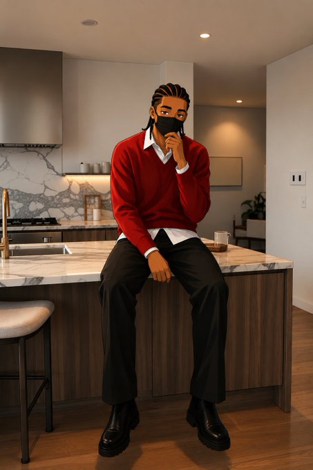 A stylized illustration of a person with braided hair wearing a black face mask, red sweater over a white shirt, and black pants, sitting on a kitchen counter.