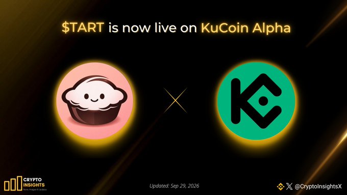 A promotional graphic from Crypto Insights announcing that the $START token is now live on KuCoin Alpha, dated September 29, 2026, featuring the project's pie mascot and the KuCoin Alpha logo.
