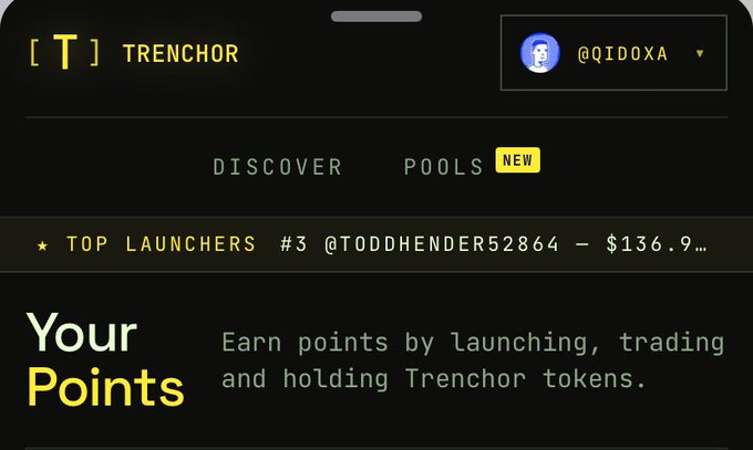 A mobile interface for Trenchor showing the profile @QIDOXA, with navigation tabs for Discover and Pools, a 'Top Launchers' leaderboard, and text explaining 'Your Points' earned by launching, trading, and holding Trenchor tokens.