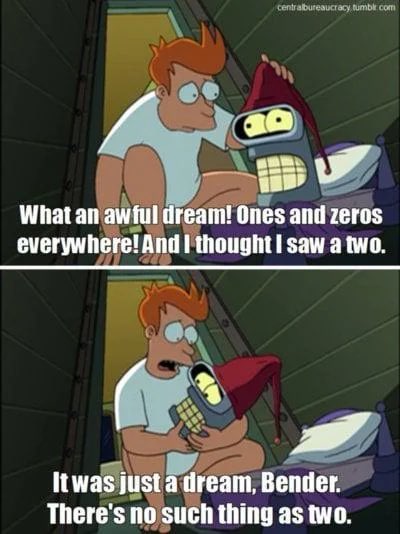 A two-panel Futurama meme with Fry waking Bender up, featuring text: "What an awful dream! Ones and zeros everywhere! And I thought I saw a two." and "It was just a dream, Bender. There's no such thing as two."
