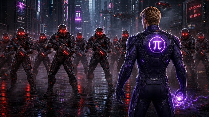 A lone figure with a glowing "π" (pi) symbol on his back stands defiantly against an army of red-eyed armed soldiers in a neon-lit futuristic cityscape, while neon signs read "OBEY," "01," and "EFFICIENCY IS FREEDOM." The image symbolizes Pi Network's underdog fight for freedom and independence against oppressive centralized systems, fitting the "Pi hasn't done yet" caption suggesting its uprising is just beginning.