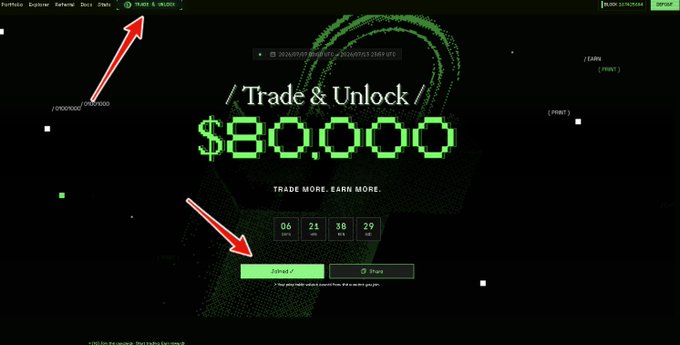 A dark-themed cryptocurrency or trading website interface with green text reading '/ Trade & Unlock / $80.0000' and a countdown timer, with red arrows pointing to a 'TRUST & VALIDITY' badge and the 'Upload' button.