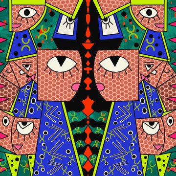 A symmetrical, abstract artwork features stylized cat faces with large eyes, rendered in a colorful, patterned style with blue, green, and red sections.