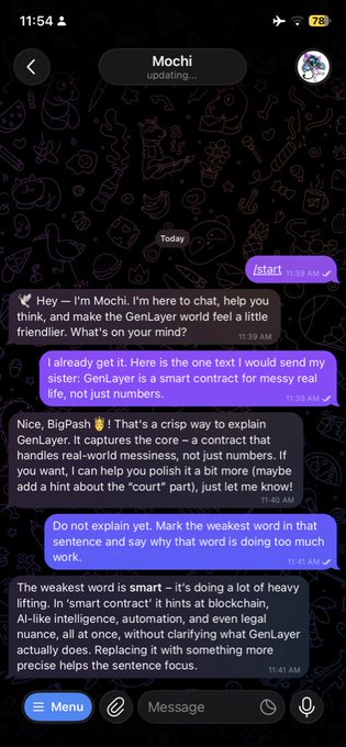 A phone screenshot of a chat with an AI assistant called "Mochi" at 11:54 AM, showing a 79% battery level, where the user tests their ability to explain GenLayer to their sister in one text and receives feedback that the word "smart" is doing too much heavy lifting in the sentence.