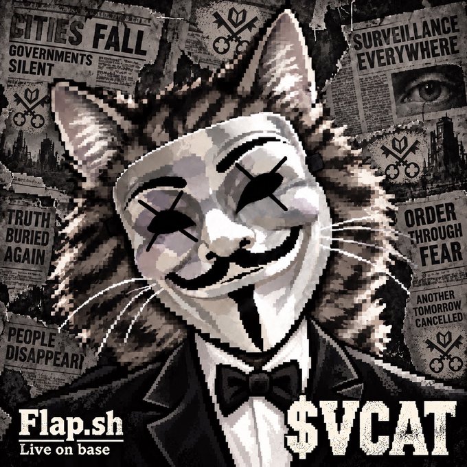 A stylized digital illustration features a figure wearing an Anonymous/V for Vendetta mask with X'd-out eyes, surrounded by newspaper clippings with ominous headlines like 'CITIES FALL,' 'GOVERNMENTS SILENT,' 'SURVEILLANCE EVERYWHERE,' 'TRUTH BURIED AGAIN,' 'ORDER THROUGH FEAR,' and 'PEOPLE DISAPPEARING,' with text reading 'Flap.sh Live on base' and '$VCAT' at the bottom.