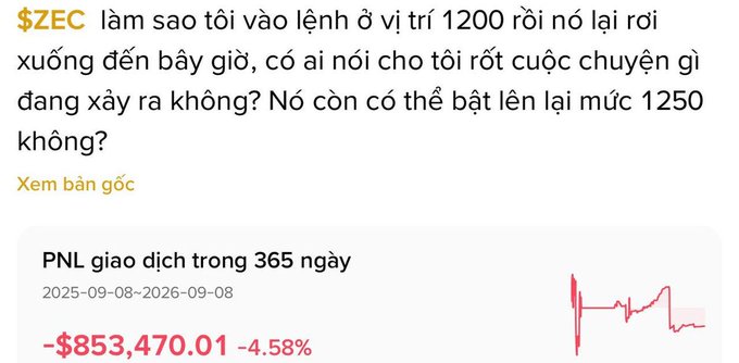 A Vietnamese-language social media post about the ticker $ZEC asks why the price fell from 1200, showing a 365-day PNL chart with a loss of -$853,470.01 (-4.58%).