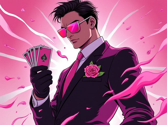 An anime-style illustration of a stylish man in a dark suit with a pink tie and rose boutonniere, wearing pink sunglasses and holding a fan of cards with a rose design, surrounded by pink energy swirls.