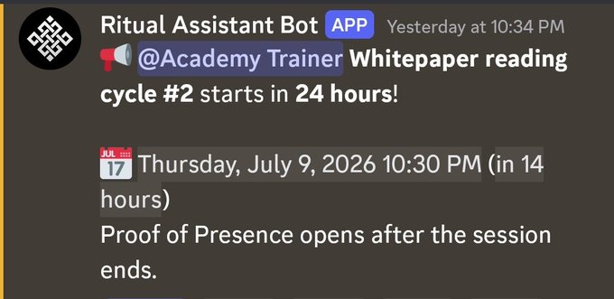 A Discord message from 'Ritual Assistant Bot' announces that 'Trainer Whitepaper reading cycle #2 starts in 24 hours!' scheduled for Thursday, July 9, 2026 at 10:30 PM.