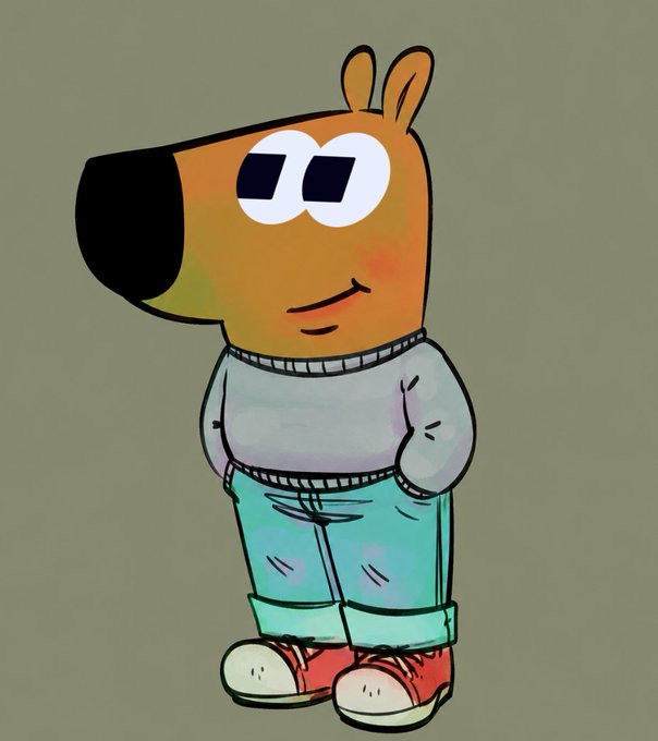 A cartoon illustration of a dog character wearing sunglasses, a white sweater, light blue jeans, and red sneakers, standing against a solid greenish-gray background.