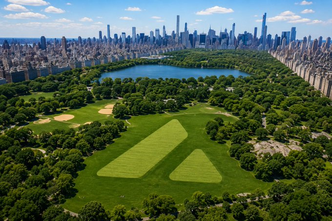 An aerial view of a green park featuring an 'A' shape in the grass, surrounded by trees and a lake, with a large city skyline in the background.