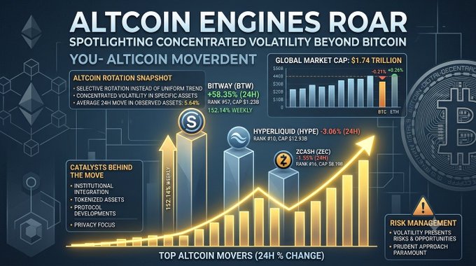 An infographic titled “ALTCOIN ENGINES ROAR” highlights 24-hour movers, including Bitway (BTWY), Hyperliquid (HYPE), and Zcash (ZEC), while noting global market cap and volatility risk.