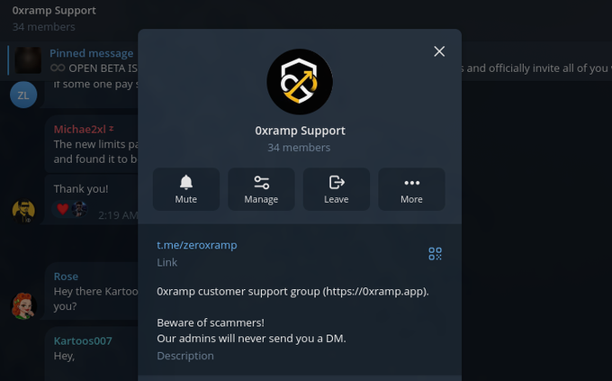 A Telegram support group interface for 0xramp, warning members about scammers and stating admins will never send DMs.