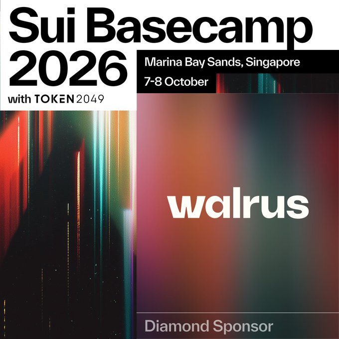 Promotional graphic for 'Sui Basecamp 2026 with TOKEN2049' at Marina Bay Sands, Singapore on 7-8 October, featuring Walrus as Diamond Sponsor.