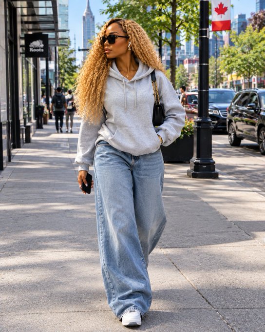 A woman with long curly blonde hair walks down a city sidewalk wearing a grey hoodie, baggy jeans, and sunglasses, with a 'Roots' store sign visible in the background.