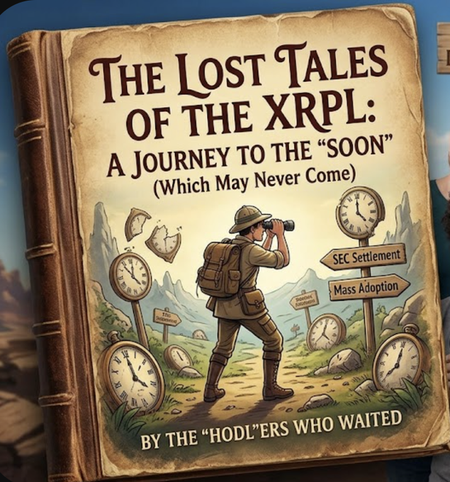 This image depicts the cover of a book titled "The Lost Tales of the XRPL: A Journey to the 'Soon' (Which May Never Come)", featuring an explorer searching for signs like "SEC Settlement" and "Mass Adoption." The accompanying post expresses a desire for this book as a Christmas gift, implying the book humorously represents the long wait for these XRP developments.