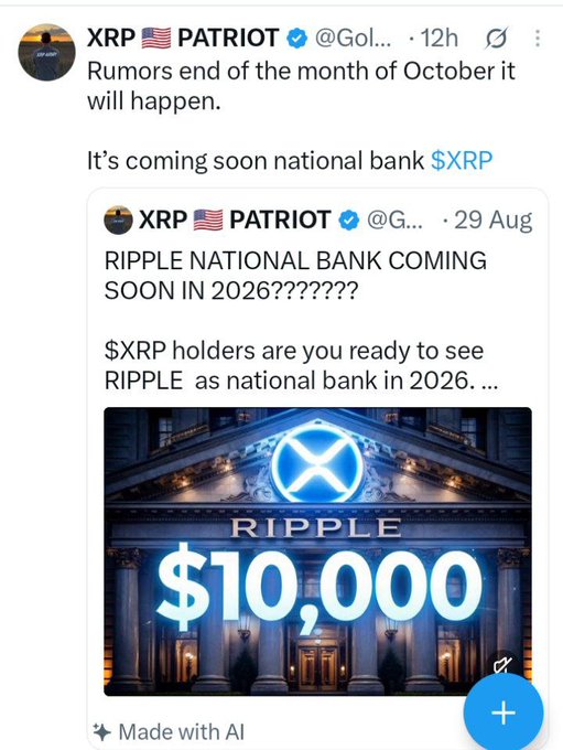 A tweet from "XRP PATRIOT" claims that "RIPPLE NATIONAL BANK COMING SOON IN 2026" with an AI-generated image showing a grand building labeled "RIPPLE" and "$10,000," promoting speculative price predictions that align with the accompanying post's excitement about XRP being "ready to rock and roll."