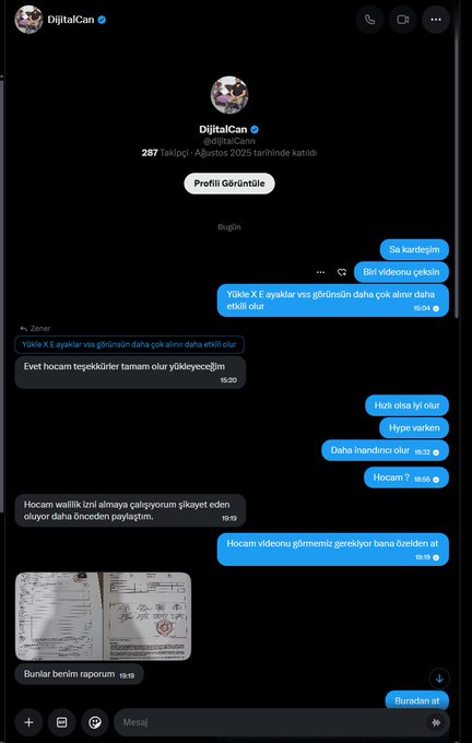 A screenshot of a Twitter/X direct message conversation with user 'DijitalCan' (@dijitalCann), featuring Turkish text discussing cryptocurrency trading, 'X' airdrops, and homework assignments with photos of a notebook.