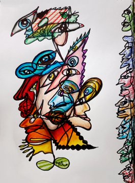 A colorful, abstract hand-drawn illustration featuring a stylized character with multiple eyes and jagged shapes in red, blue, yellow, and green against a white background.