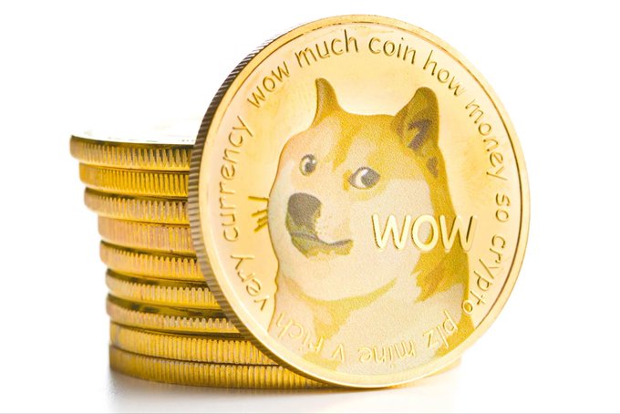 A stack of gold Dogecoin coins featuring the iconic Shiba Inu dog face with "WOW" text and the surrounding inscription "wow much coin how money so crypto plz mine v rich very currency."