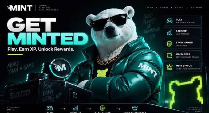 A promotional graphic featuring a white bear wearing sunglasses and a green jacket, with text 'MINT GET MINTED. Play. Earn XP. Unlock Rewards.' and various icons for PLAY, EARN XP, STAKE $MNTD, MINTABEAR, and MINT STATUS.