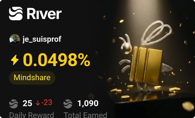 The image shows a post related to an online rewards program called "River". The post features a graphic of a bee with gold wings flying over some coins, accompanied by text that explains how the rewards system works for users who participate actively on the platform. The post also highlights the importance of engagement and staking in determining the success of the rewards scheme. It emphasizes the relevance of daily updates to keep users informed about their progress within the S5 process. Additionally, the post mentions a person's name, Je-suisprof, along with their reward count as 25 #RiverPts arrived today.
