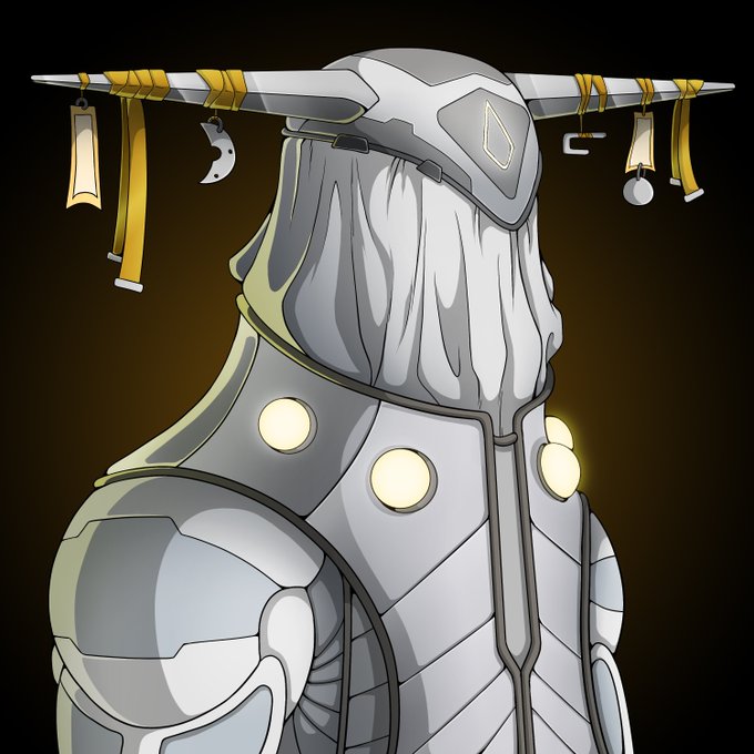A futuristic silver-armored figure wearing a wide, elongated helmet adorned with hanging golden ribbons and charms is shown from behind against a dark background, evoking the mysterious and collectible nature of the JRNY NFT packs being promoted. The image's otherworldly, treasure-hunting aesthetic aligns with the promotion's offer of legendary chances and free mints in the upcoming collection.