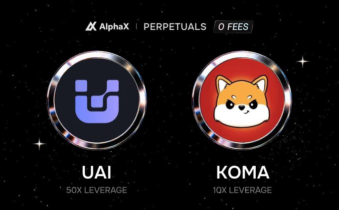 AlphaX Perpetuals advertisement displaying cryptocurrency tokens UAI with 50X leverage and KOMA with 10X leverage against a starry black background, highlighting 0 fees.