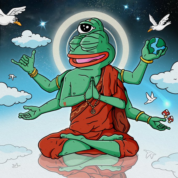 A green cartoon frog deity with multiple arms sits in meditation, holding the Earth in one hand and tiny mushrooms in another, wearing prayer beads and a red robe against a cosmic starry background with birds. The image ties to "manifesting…" by visually embodying spiritual transcendence—channeling universal abundance and universal consciousness through its deity-like pose.