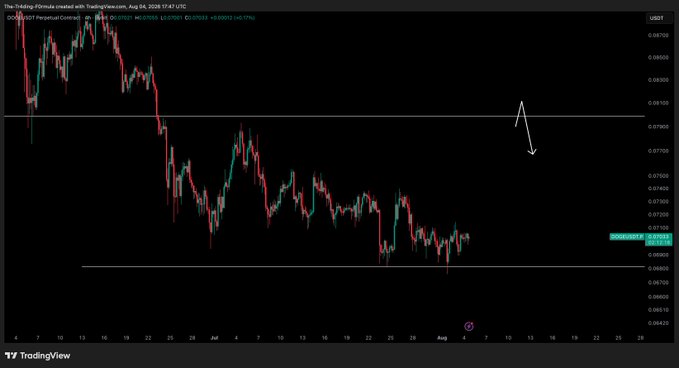 A TradingView candlestick chart of the DOGE/USD perpetual contract on Coinbase (DOGEUSDTPERP) shows price consolidating between roughly 0.067–0.073 after a sharp downtrend, with an arrow indicating an expected bullish spike from current lows near 0.071 toward the 0.082 resistance.