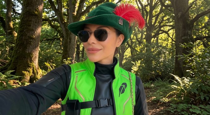 A selfie of a woman in a lush green forest wearing a Peter Pan-inspired outfit with a green hat featuring a red feather, round sunglasses, and a green vest with a leaf emblem.