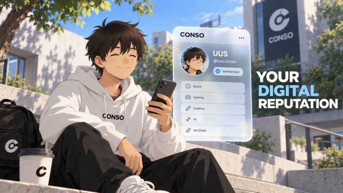 An anime-style promotional image showing a young person in a white hoodie looking at a smartphone displaying a 'CONSO' profile page with the username 'uus.conso' and options like Social, Gaming, Creative, and On-Chain, with text reading 'YOUR DIGITAL REPUTATION'.