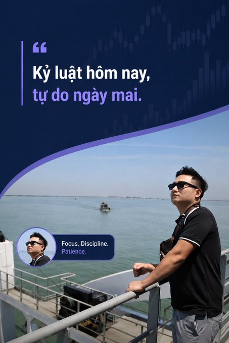 A motivational poster featuring a man in sunglasses looking out over the ocean, with the Vietnamese quote "Kỷ luật hôm nay, tự do ngày mai" (Discipline today, freedom tomorrow) and the text "Focus. Discipline. Patience."