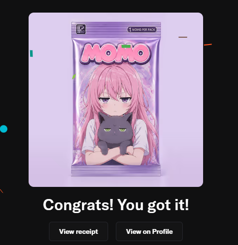 Digital collectible image of an anime-style pink-haired girl holding a black cat, packaged as a 'MOMO' MONO PER PACK, with a 'Congrats! You got it!' message.