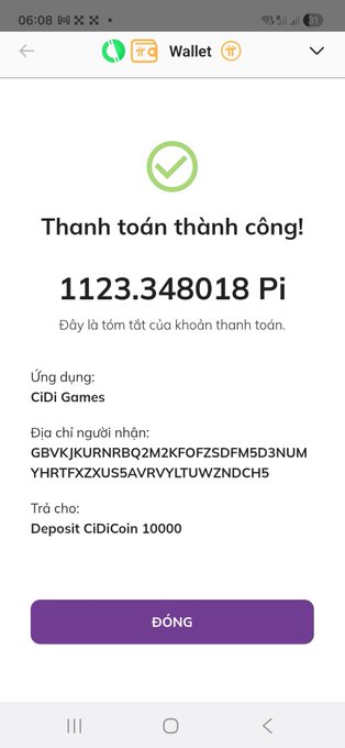 A screenshot shows a successful payment confirmation for "Deposit CiDiCoin 10000" totaling 1123.348018 Pi, sent from wallet GBVKJKURNRBQ2M2KFOZSDFM5D3NUMYHRTFXZXUSSAVRYYLTUWZNDCH5 to the CiDi Games app, illustrating the user's point about the dramatic increase in Pi cost per 10,000 CiDiCoins compared to the previous 800 Pi rate.