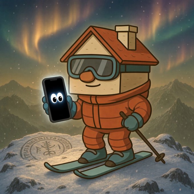 A cartoon illustration shows a house-shaped character in a red snowsuit and goggles, standing on skis while holding a smartphone with cartoon eyes, set against a snowy mountain backdrop with aurora borealis.