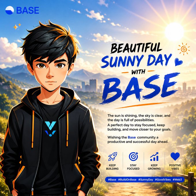 The image features a young boy wearing a black hoodie with an orange design standing against a backdrop of mountains and trees under a blue sky. The text in the image reads "Beautiful Sunny Day With Base" and "Base @jessepollak The sun is shining, builders are shipping, and the Base ecosystem keeps growing stronger every day".