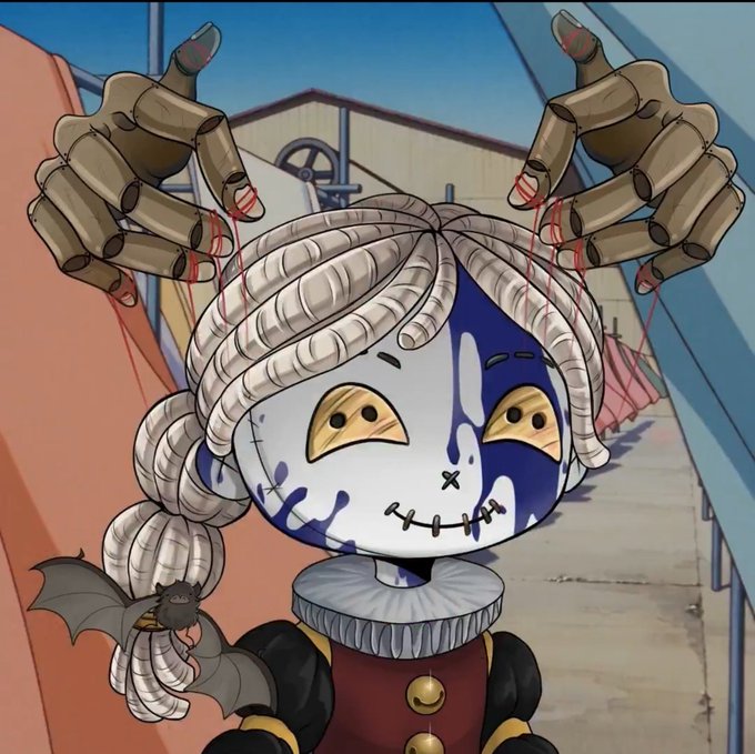 An illustration of a stylized, creepy doll-like character with stitched features and blonde braids, held up by marionette strings attached to wooden hands with red-tipped fingers.