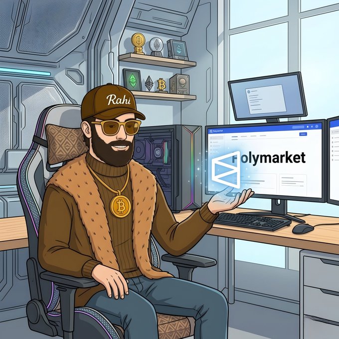 The image features an animated cartoon of a man wearing sunglasses and a brown jacket sitting at a desk with two computer monitors. The man has a beard, and he holds up one of the monitors displaying the word "Polymarket". The other monitor shows a Bitcoin symbol. The scene suggests that the man is using his computer to research or learn about the concept of Polymarket, which is an online marketplace where users can buy and sell various items directly from each other without going through traditional middlemen like eBay or Amazon. This platform allows for real-time transactions and peer-to-peer trading, making it a more transparent and efficient way to conduct business compared to conventional marketplaces. The image also includes the hashtag #Polymarket on Twitter, which further supports the idea that this is an online marketplace where users can engage in direct transactions with each other.