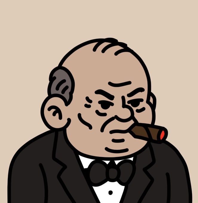 A cartoon illustration depicts Winston Churchill in a black tuxedo and bow tie, smoking a cigar.