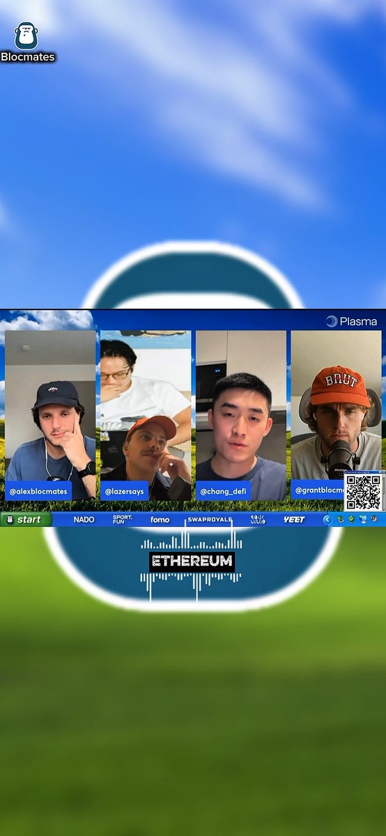 The image shows a Twitter Space panel featuring four hosts (@alexblocmates, @lazersays, @chang_defi, @grantblocmates) discussing Ethereum, with the post framing the conversation as an exploration of why banks, institutions, and major companies are increasingly aligning with Ethereum—questioning whether it stems from genuine belief or a larger strategic positioning for the future.