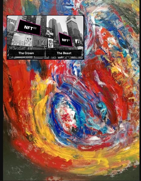 A colorful abstract painting with two NFT tags labeled 'The Crown' and 'The Beast' overlaid on top.