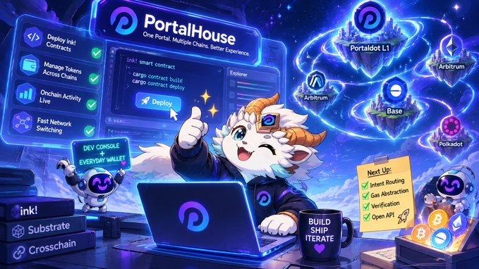 A colorful digital illustration advertises 'PortalHouse - One Portal. Multiple Chains. Better Experience,' featuring an anime-style character and a list of features including ink! smart contracts, Manage Tokens, Onchain Activity Live, and Fast Network Switching, alongside chain logos for Arbitrum, Base, and Polkadot.