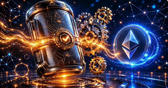 A vibrant digital artwork featuring a metallic cylindrical object, golden gears, and an Ethereum logo against a dark blue background with glowing orange energy waves and a network of connected nodes.