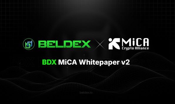 A promotional graphic featuring the Beldex (BDX) and MiCA Crypto Alliance logos alongside the text "BDX MiCA Whitepaper v2" against a dark, wave-patterned background, illustrating Beldex's effort to document its privacy technology for regulated markets without compromising its core anonymity features.