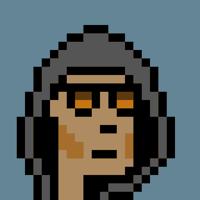 A pixelated hooded figure, characteristic of the iconic CryptoPunk #317 NFT, is depicted with glowing orange eyes and blemished skin against a blue background, embodying the post's reference to a "grail" Cryptopunk NFT still holding value as "punks never die."